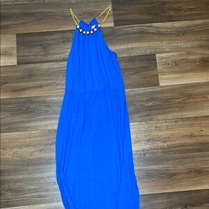 Vibrant Blue Halter Dress with Gold Accents
